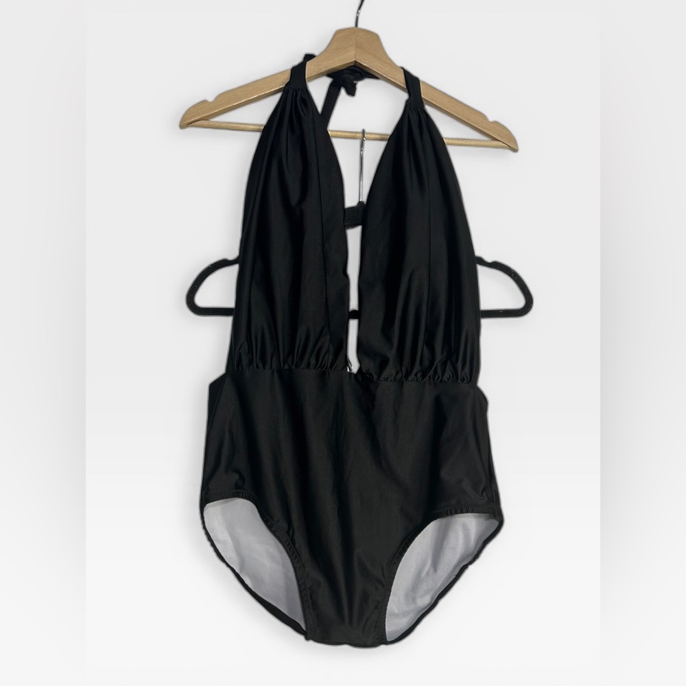 PARCI Black Deep-V One Piece Halter Swimsuit XL- New